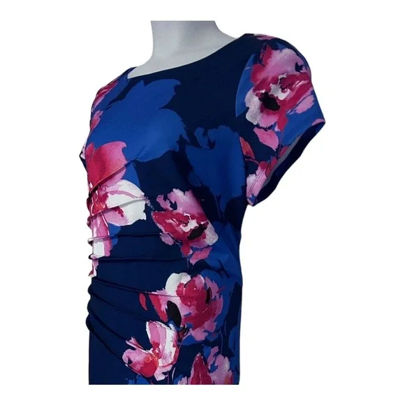 Monroe & Main Pleat-Side Floral Office Casual Brunch Stretch Knit Church Dress - Picture 12 of 16